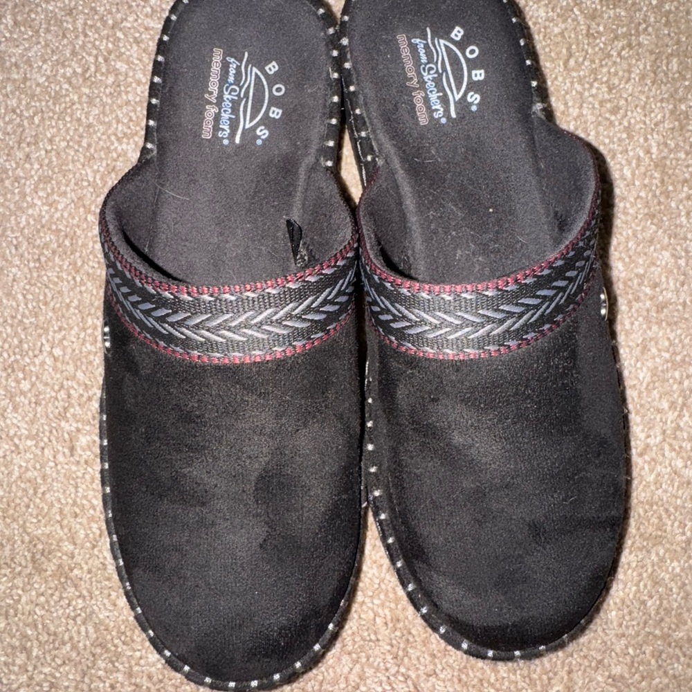 BOBS from Skechers Black Mules with Red Accents